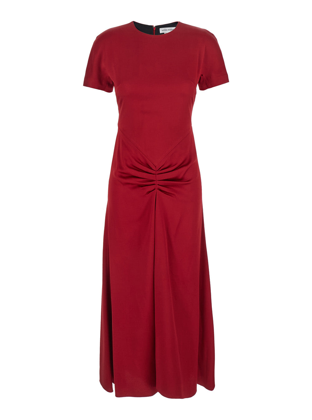 Red Crewneck Midi Dress with Gathered Waist and Rear Zip Closure in Viscose Blend Woman Acetate