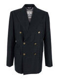 Grey Double-Breasted Jacket with Wide Peak Lapels in Wool Man Blazers