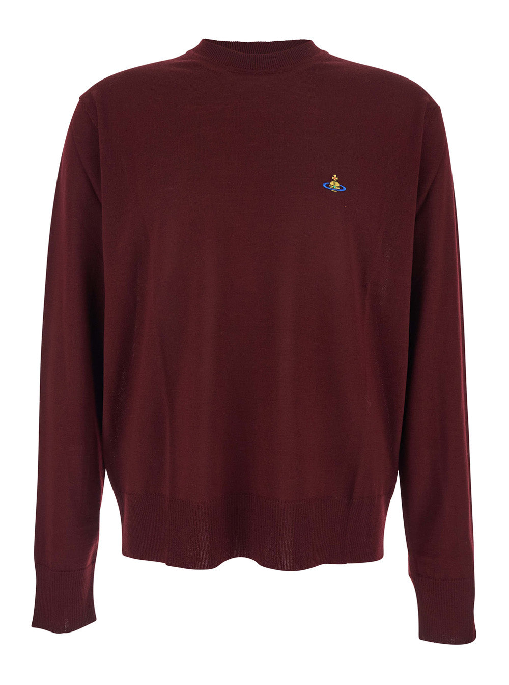 Bordeaux Crew Neck Sweater with Dropped Shoulders and Orb Logo on the Front in Wool Blend Man Virgin Jersey