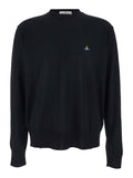 Black Crew NeckSweater with Orb Logo Embroidered on the Front in Wool Blend Man Virgin Jersey