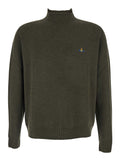 Green Crew Neck Sweater with Orb Logo Embroidered on the Front in Wool Blend Man Virgin Jersey