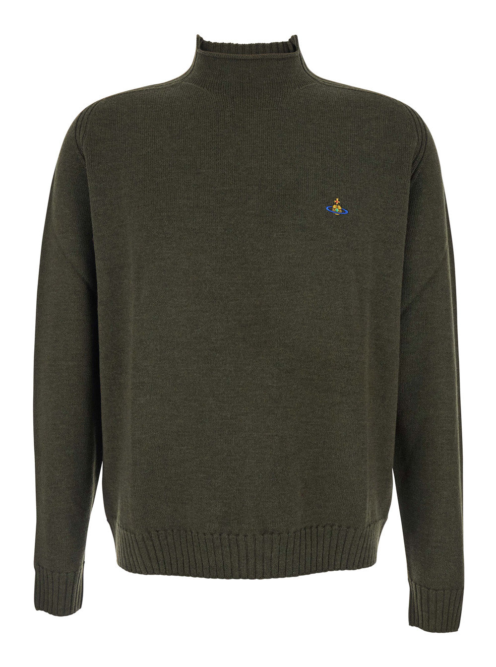 Green Crew Neck Sweater with Orb Logo Embroidered on the Front in Wool Blend Man Virgin Jersey