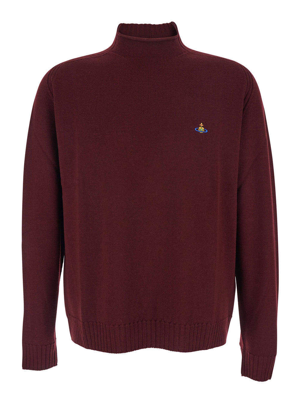 Bordeaux Turtleneck Sweater with Orb Logo Embroidered on the Front in Wool Blend Man Virgin Jersey
