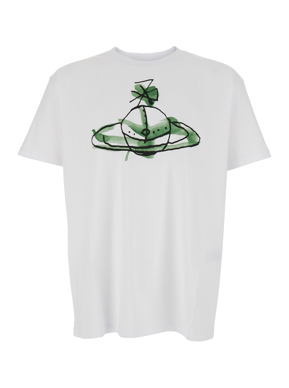 White Crew Neck T-Shirt with Orb Print on the Front in Cotton Man Tshirts And Polo Shirts