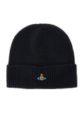 Black Beanie with Orb Patch on the Front and Ribbed Brim in Cashmere Unisex Hats Gloves