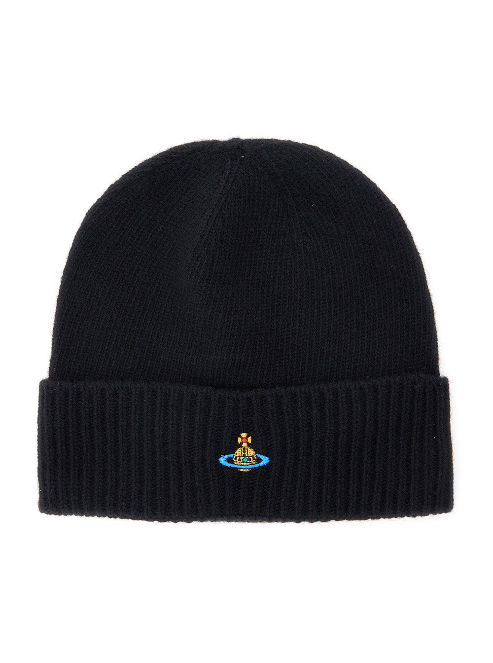 Black Beanie with Orb Patch on the Front and Ribbed Brim in Cashmere Unisex Hats Gloves