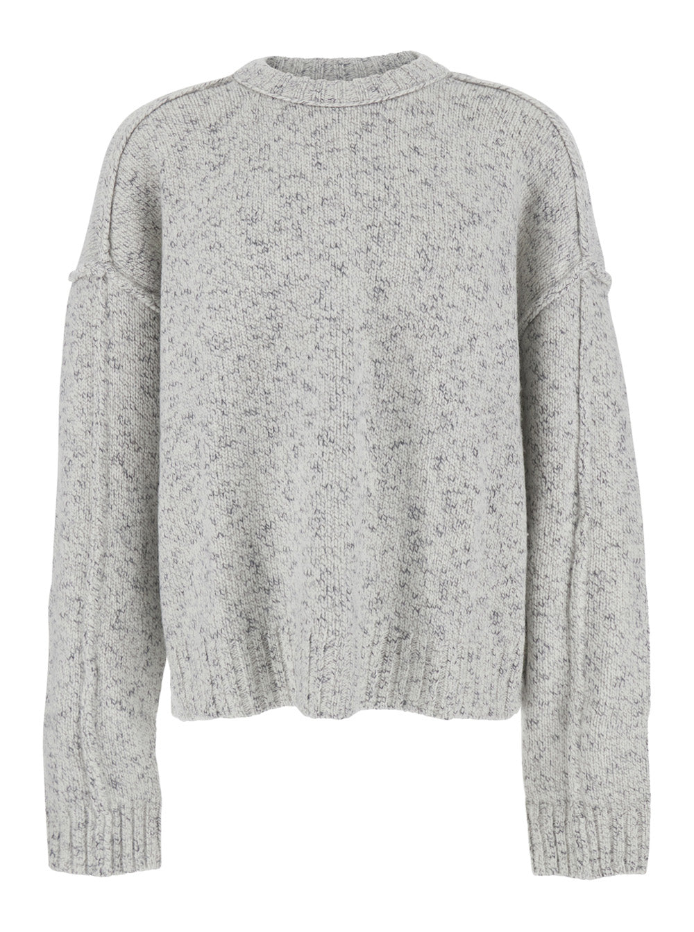 Grey Crewneck Sweater with Dropped Shoulders in Wool Blend Man Cotton Jersey