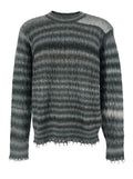 Grey Crewneck Sweater with Fringed Hem and All-Over Striped Motif in Cotton Blend Man Nylon (recycled) Jersey