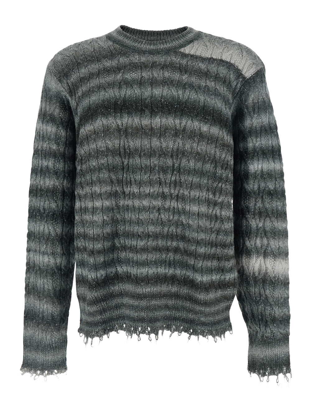 Grey Crewneck Sweater with Fringed Hem and All-Over Striped Motif in Cotton Blend Man Nylon (recycled) Jersey