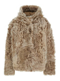 Beige Fur Coat with Fixed Hood and Hidden Fastening in Woman Shearling Jackets Furs