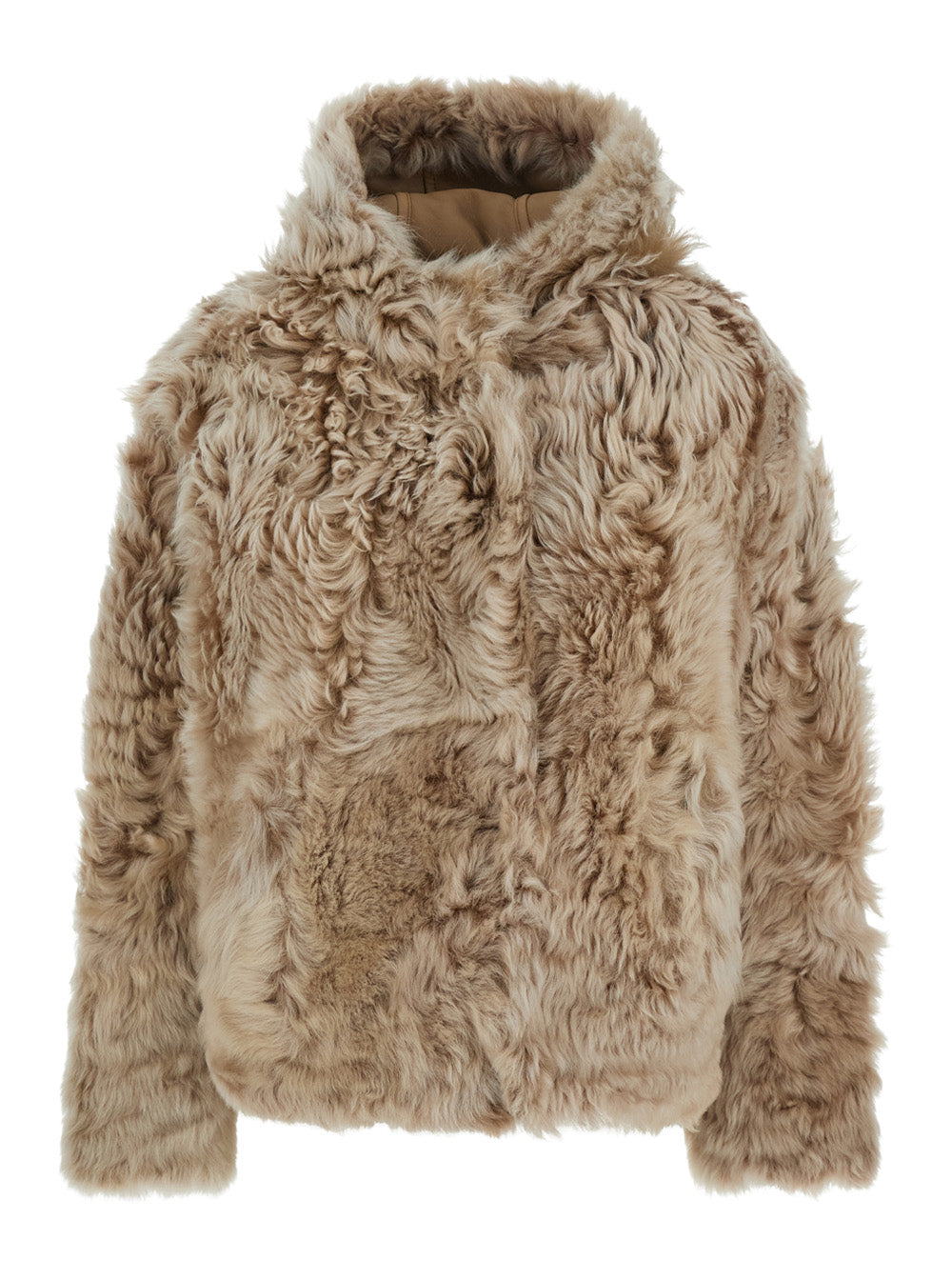 Beige Fur Coat with Fixed Hood and Hidden Fastening in Woman Shearling Jackets Furs