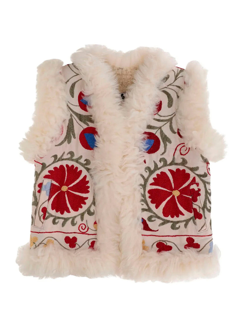 Multicolor Sleeveless Jacket with Fur Trims and All-Over Floral Motif in Cotton Woman Sheepskin Outerwear