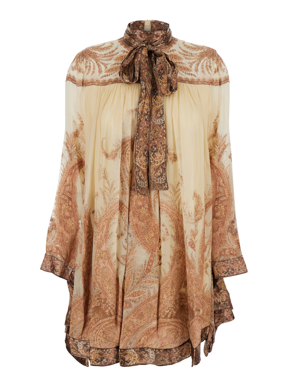 Hypnotic Multicolor Mini Dress with Pussybow Collar and All-Over Paisley Print in Silk Blend Woman Viscose