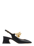 Black Pumps with Decorative Logo Charm and Wide Heel in Leather Woman Calf Heels