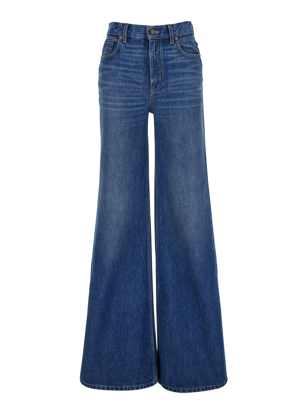 Blue HIgh Waisted Jeans with Wide Leg and Logo Patch on the Rear in Denim Woman Blu Cotton