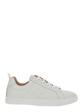 White Low Top Sneakers with Embossed Logo Lettering on the Tongue and Pull-Tab Heel in Leather Girl Calf