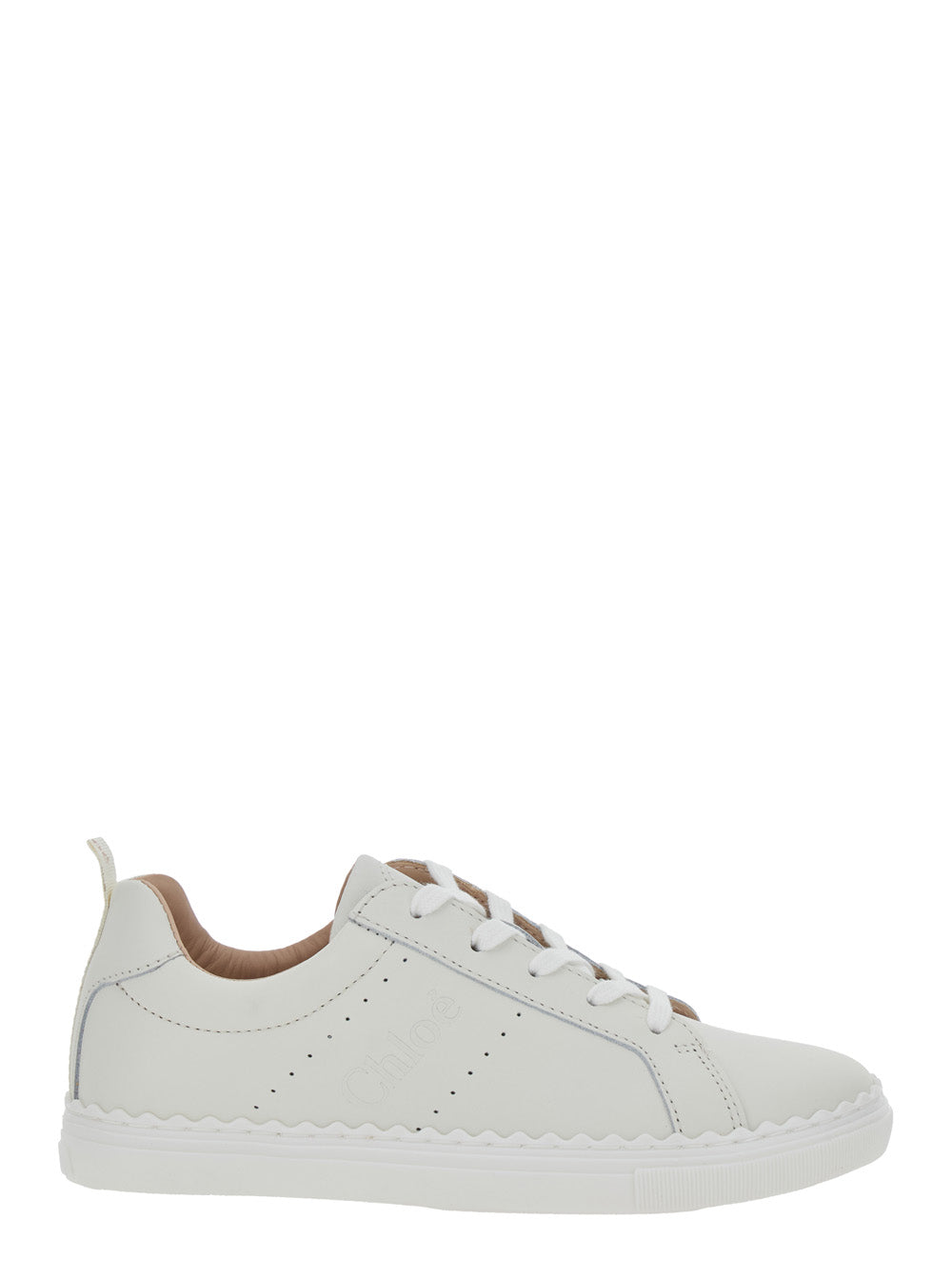 White Low Top Sneakers with Embossed Logo Lettering on the Tongue and Pull-Tab Heel in Leather Girl Calf