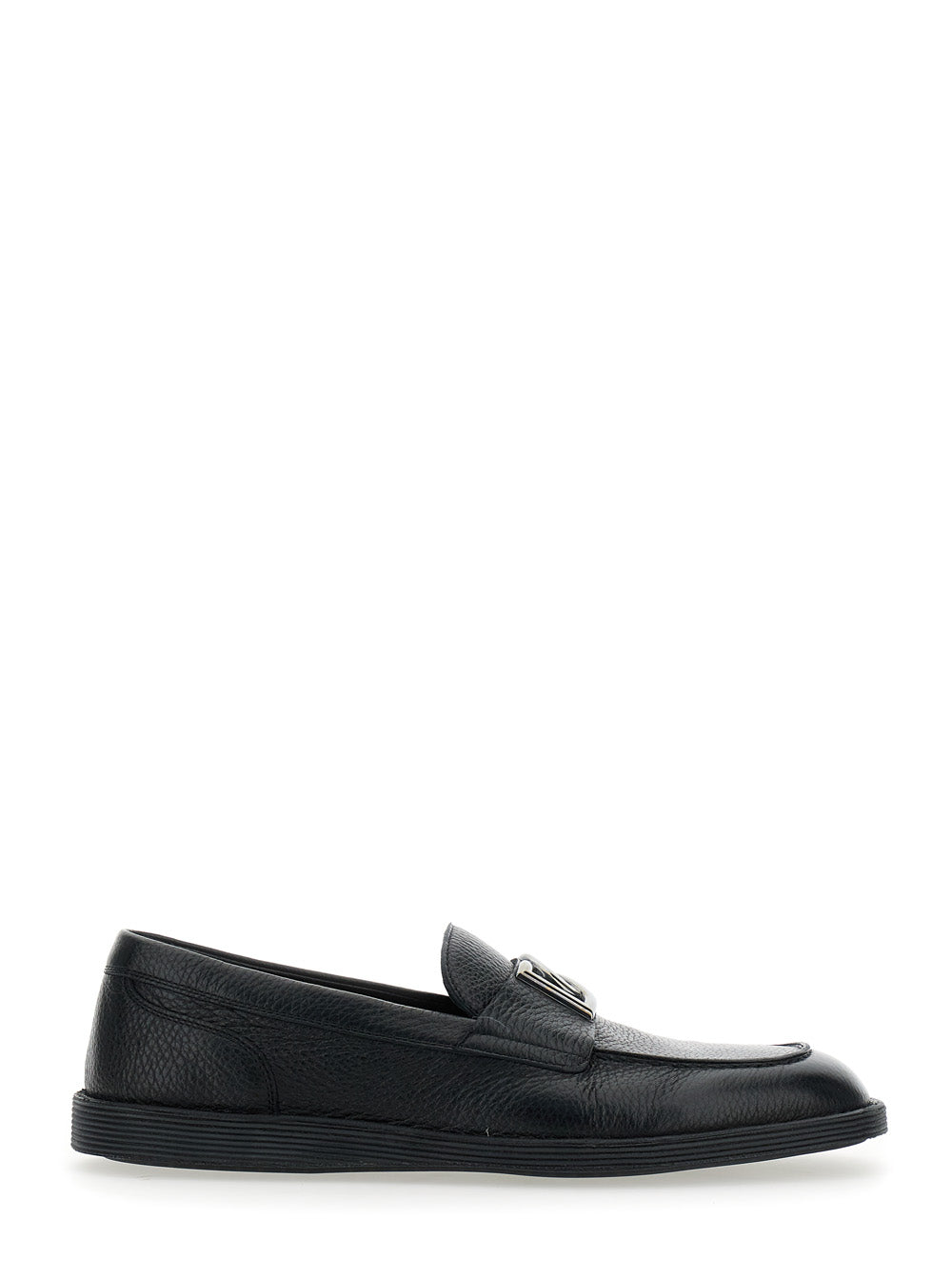 Florio Black Loafers with DG Plaque on the Front in Grained Leather Man Deer