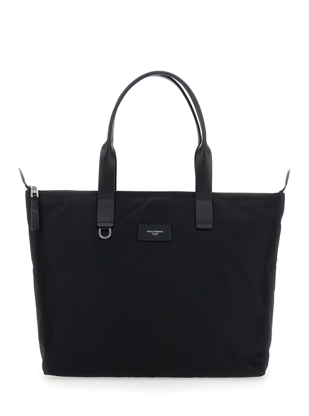 Black Tote Bag with Two Top Handles and Logo Plaque on the Front in Tech Fabric Man Polyamide Acrylic Viscose