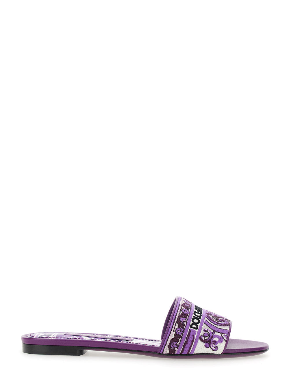 Violet Sandals with Logo Embroidery on the Front and All-Over Majolica Motif in Cotton Blend Woman Lamb Flat Shoes