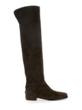 Brown Knee-High Boots with Back Logo Plaque in Suede Woman Lamb