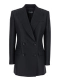 Black Double-Breasted Jacket with Peak Revers in Wool and Silk Woman Virgin Blazers