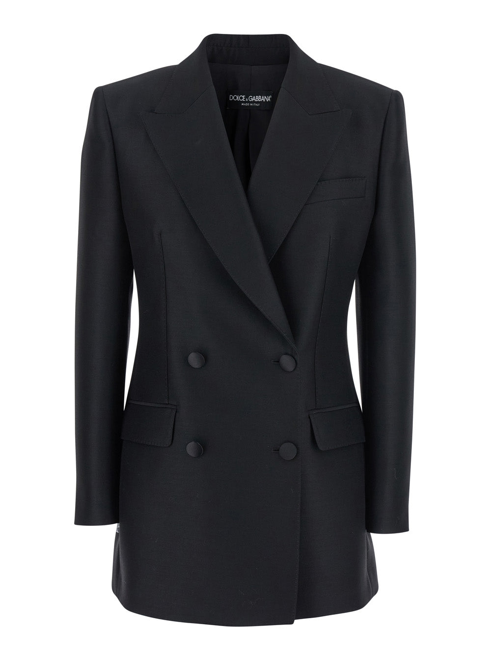 Black Double-Breasted Jacket with Peak Revers in Wool and Silk Woman Virgin Blazers