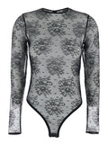 Black Bodysuit with All-Over Floral Embroidery and Semi-Sheer Design in Stretch Tech Fabric Woman Elastane Polyamide Viscose Tops