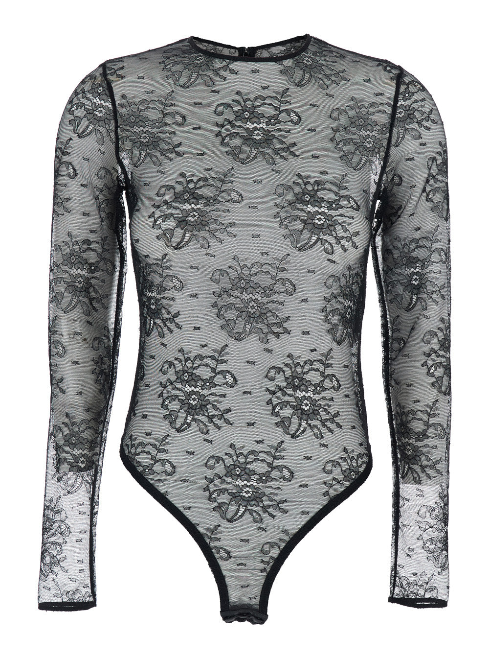 Black Bodysuit with All-Over Floral Embroidery and Semi-Sheer Design in Stretch Tech Fabric Woman Elastane Polyamide Viscose Tops