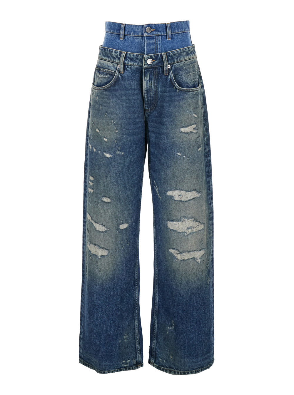 Blue Jeans with Layered Design and Distressed Ripped Effect in Denim Woman Blu Cotton