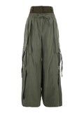 Green Cargo Pants with Elasticated Double Waist in Cotton Blend Woman Polyamide Polyester Trousers