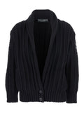 Black Cardigan with Wide Neckline on the Front in Virgin Wool Woman Jersey