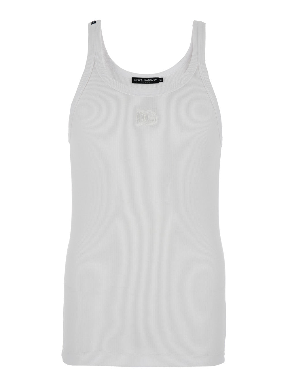 White Sleeveless Top with Logo Embroidery on the Front and Ribbed Knit in Cotton Man Tops