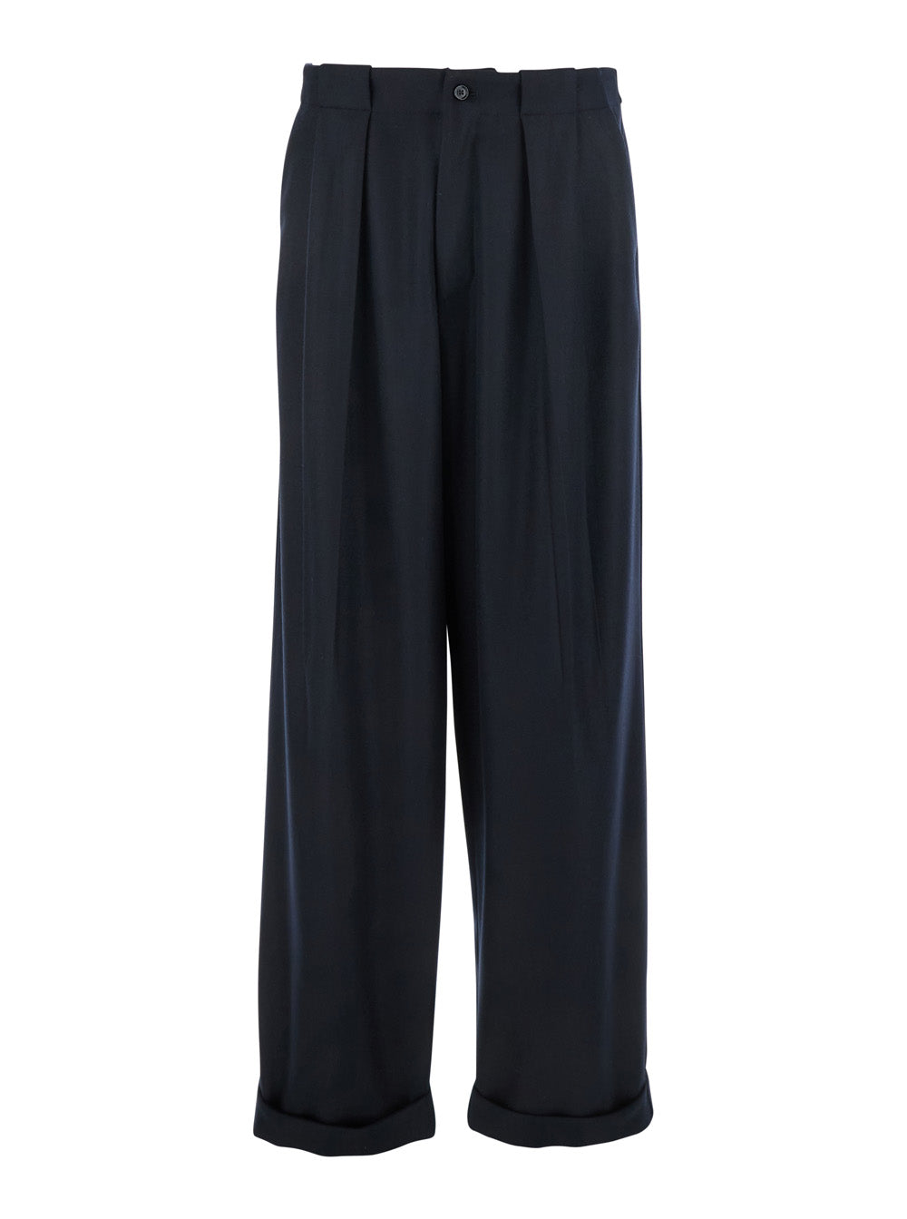 Black Pants with Belt Loops and Cuffed Hem in Wool Man Virgin Trousers