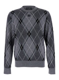 Grey Crew Neck Sweater with Front Logo and Diamond Pattern in Wool Blend Man Silk Virgin Jersey