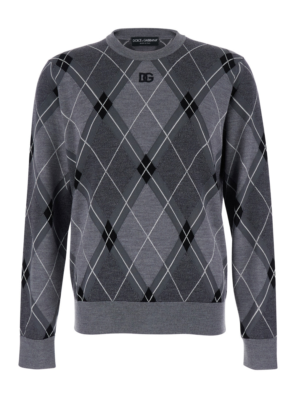 Grey Crew Neck Sweater with Front Logo and Diamond Pattern in Wool Blend Man Silk Virgin Jersey