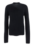Black Ribbed Knit Crewneck Sweater with Logo Patch on the Rear in Wool Man Virgin Jersey