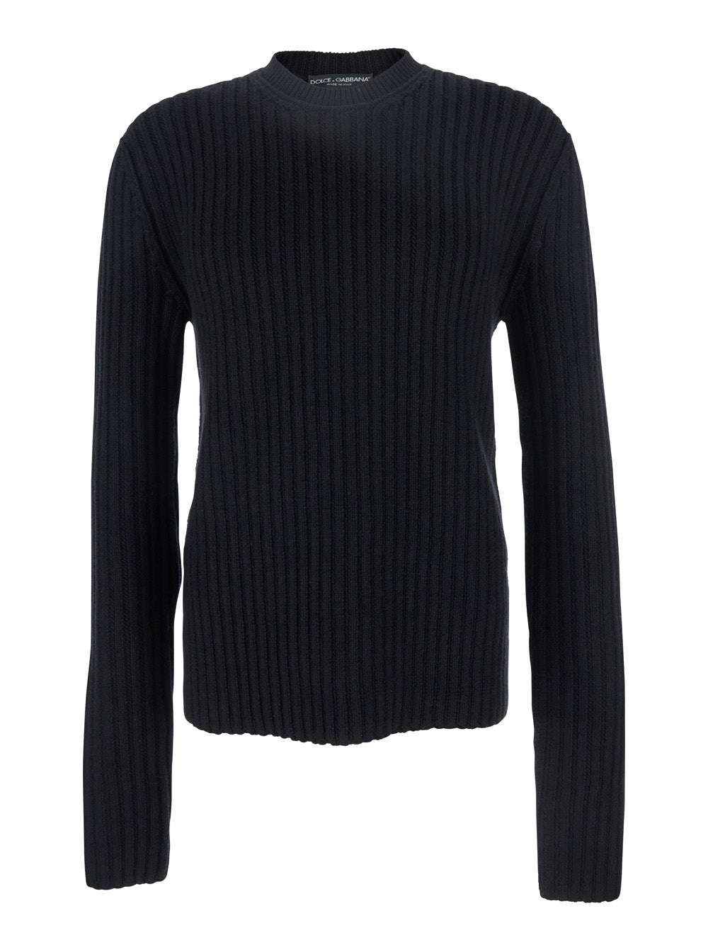 Black Ribbed Knit Crewneck Sweater with Logo Patch on the Rear in Wool Man Virgin Jersey
