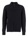 Black Sweater with Polo Collar and Back Logo Patch in Wool Man Polyamide Virgin Jersey