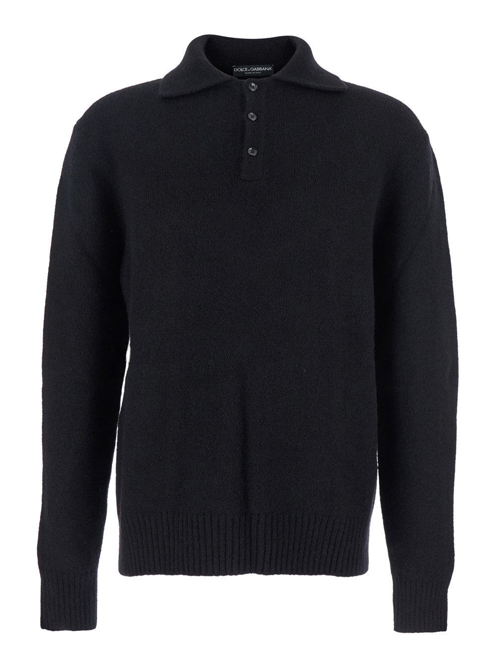 Black Sweater with Polo Collar and Back Logo Patch in Wool Man Polyamide Virgin Jersey