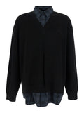 Black Sweater with Layered Design and Classic Collar in Cotton Wool Blend Man Jersey