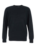 Black Crewneck Sweater with Ribbed Trims in Wool Man Jersey