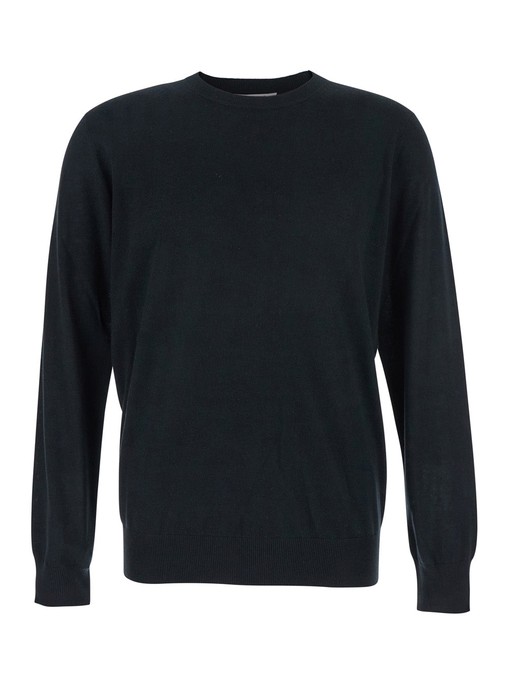 Black Crewneck Sweater with Ribbed Trims in Wool Man Jersey