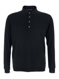 Black Sweater with Polo Shirt Style Collar and Long Sleeves in Wool Man Jersey