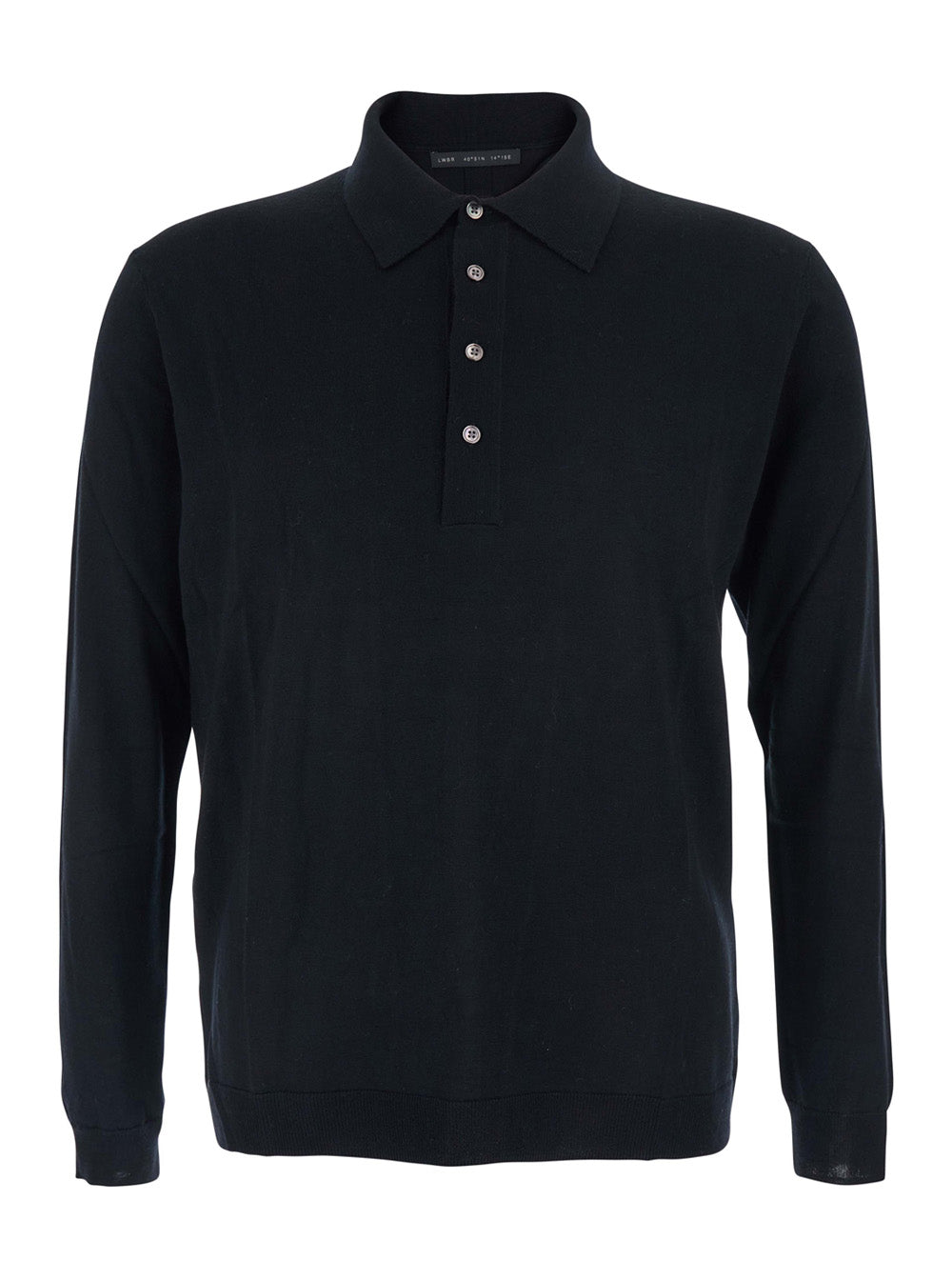 Black Sweater with Polo Shirt Style Collar and Long Sleeves in Wool Man Jersey