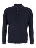 Blue Sweater with Polo Shirt Style Collar and Long Sleeves in Wool Man Blu Jersey