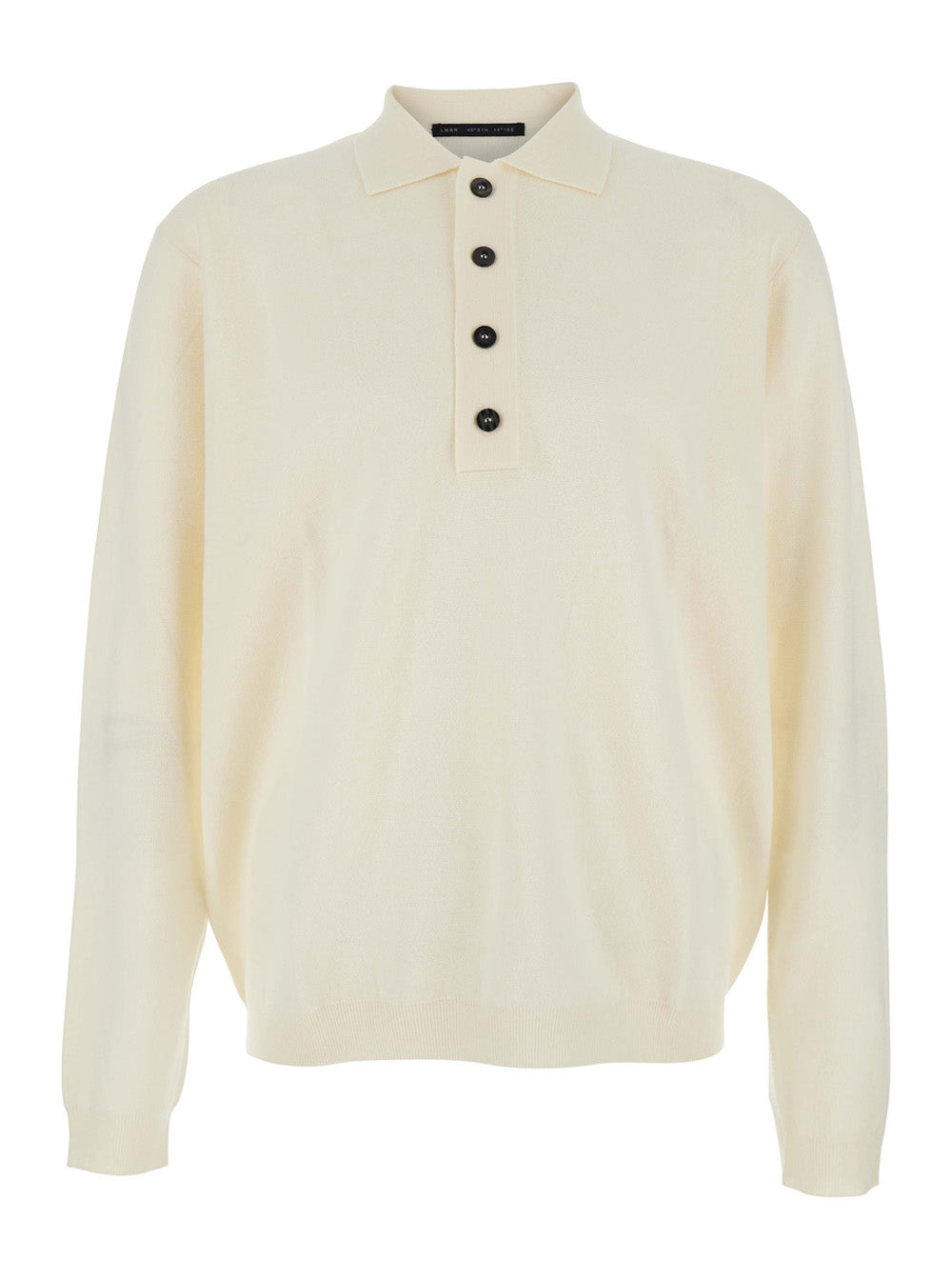 White Sweater with Polo Shirt Style Collar and Long Sleeves in Wool Man Jersey