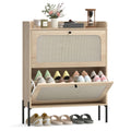 Narrow Shoe Cabinet with 2 Flip Drawers and Adjustable Shelves, Oak Rattan