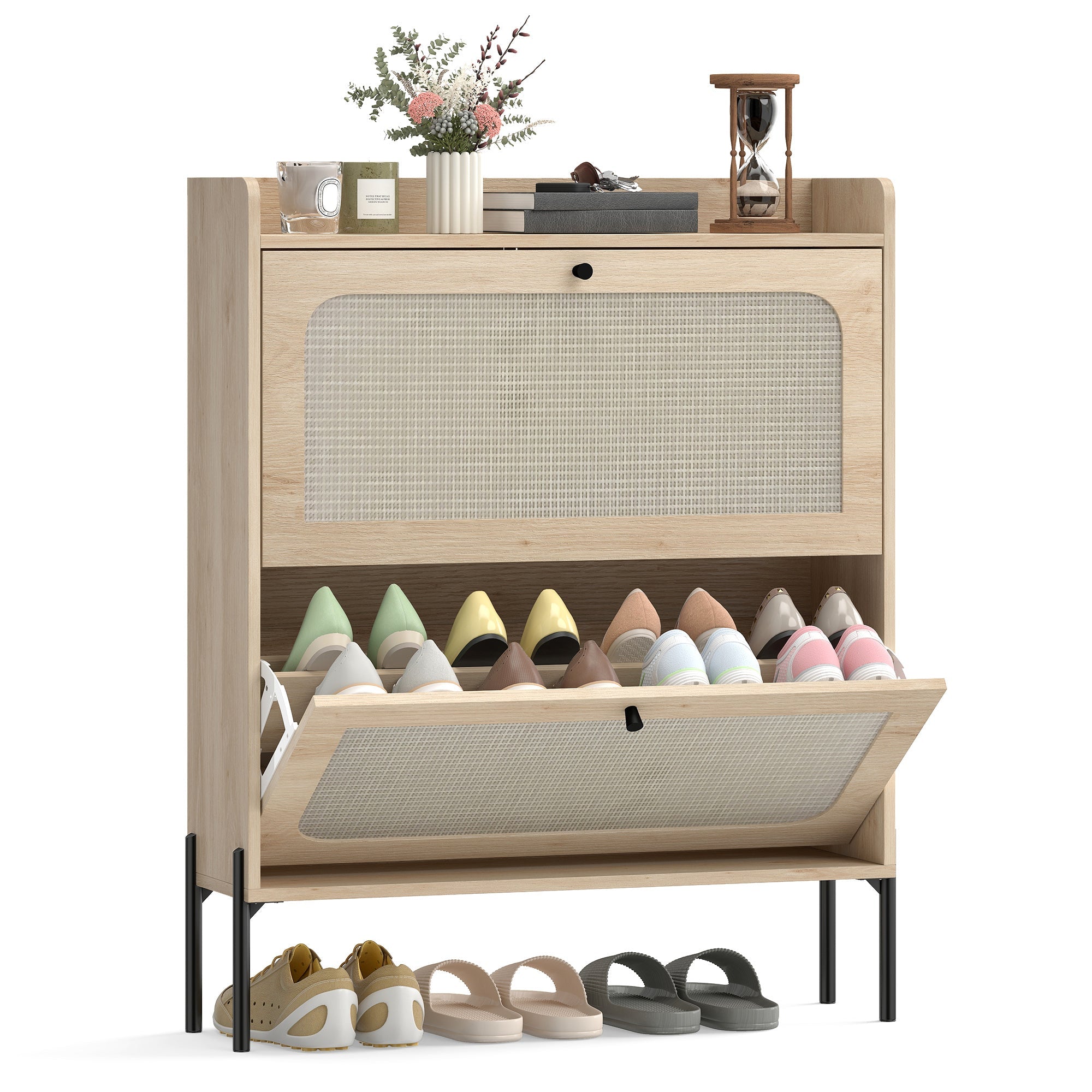 Narrow Shoe Cabinet with 2 Flip Drawers and Adjustable Shelves, Oak Rattan
