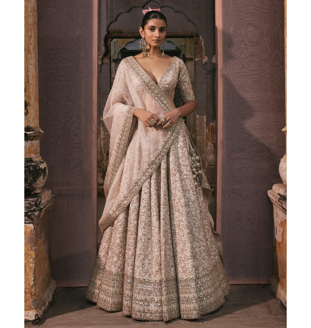 Ivory Thread Work, Sequin And Mirror Work Lehenga Set By KYNAH, Luxury Indian Fashion & Bridal Wear